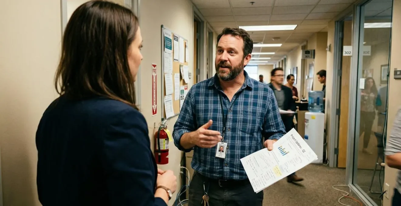 Deux personnes discutant de manière informelle dans un couloir d'entreprise, l'une tenant un document