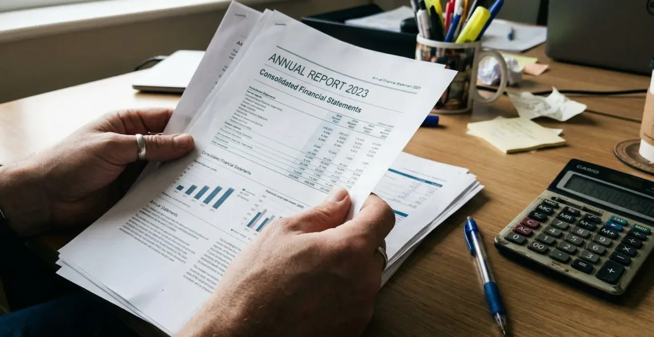 Des documents financiers et un rapport annuel posés sur un bureau, avec des mains qui parcourent les pages