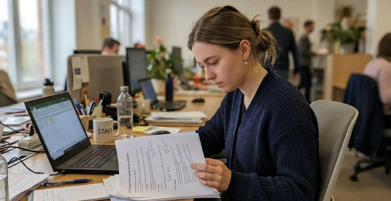 Une personne assise à un bureau consulte un document papier, environnement de travail standard avec ordinateur en arrière-plan