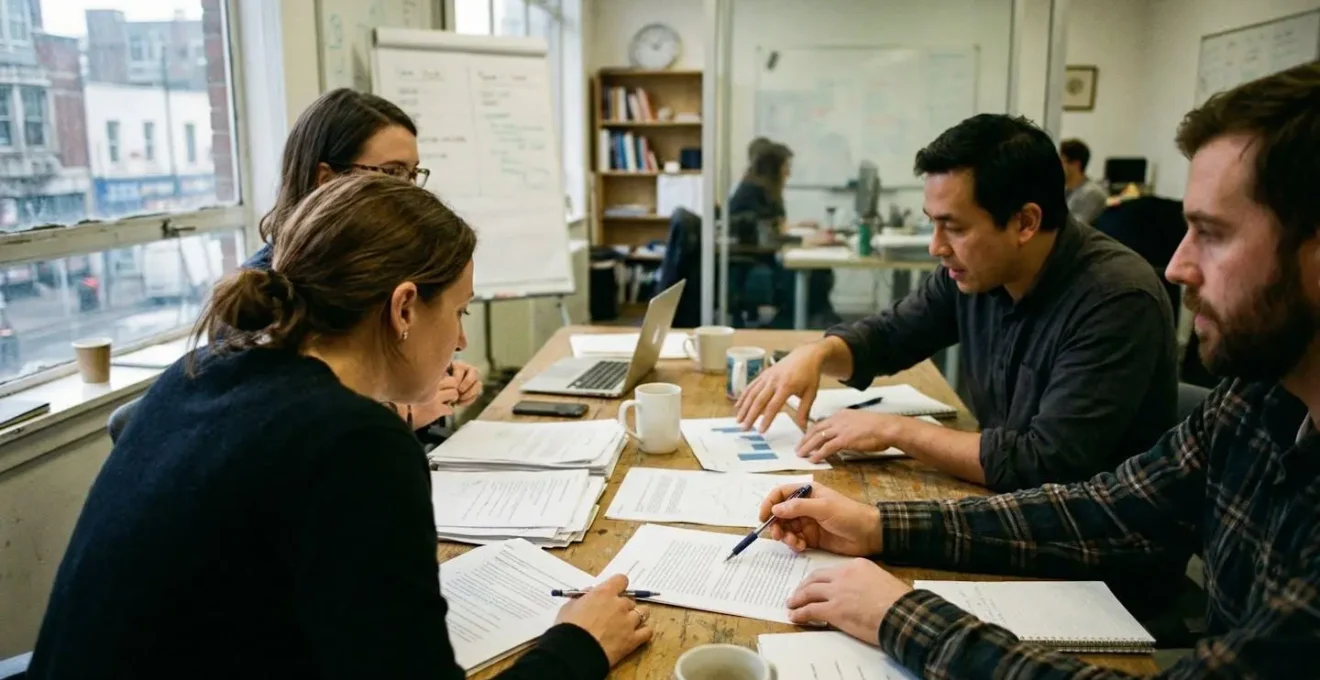 Plusieurs personnes assises autour d'une table de réunion avec des documents éparpillés, dans une salle éclairée par la lumière du jour